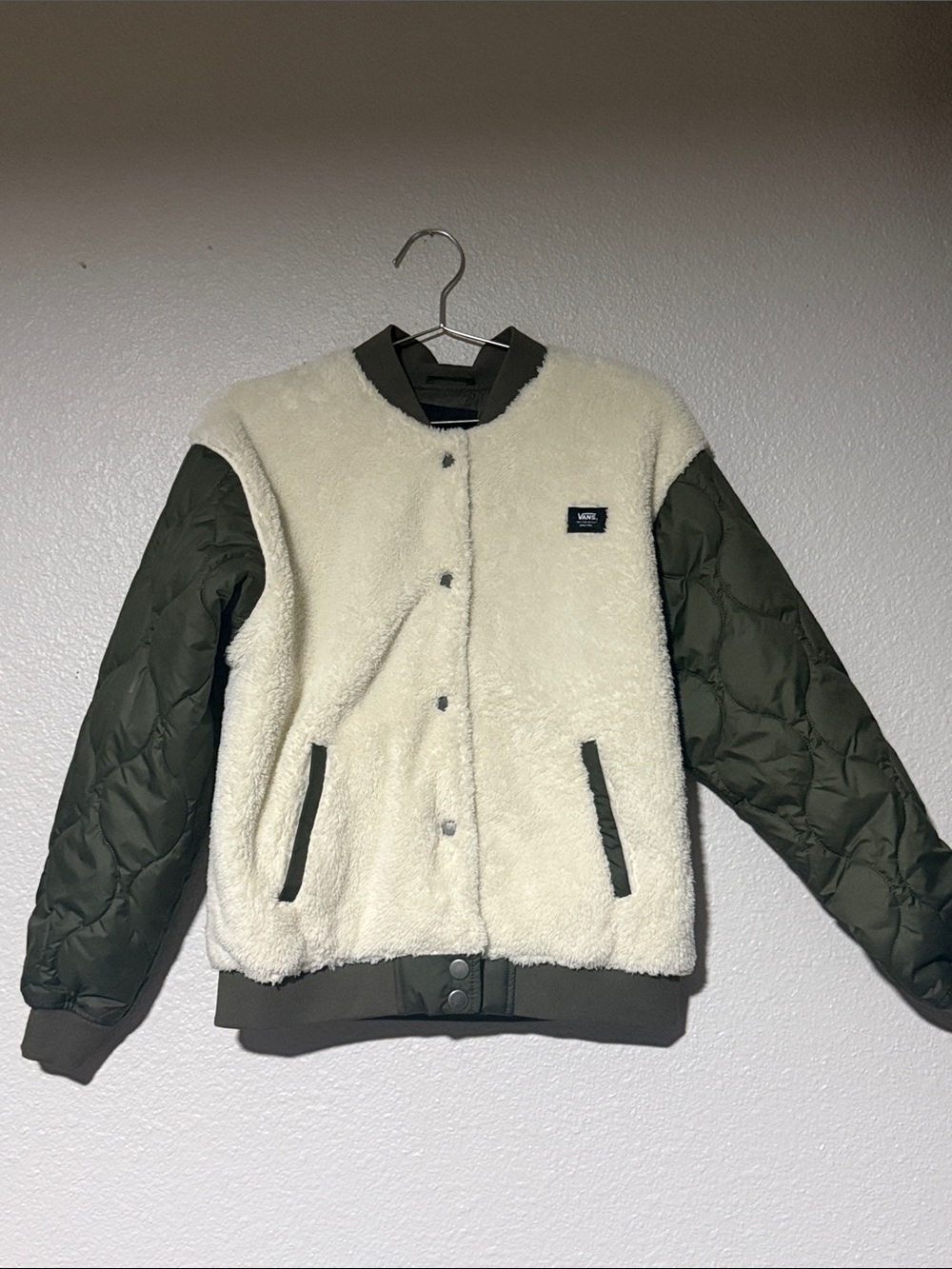 Vans Cream Sherpa Bomber with Olive Quilted Sleeves